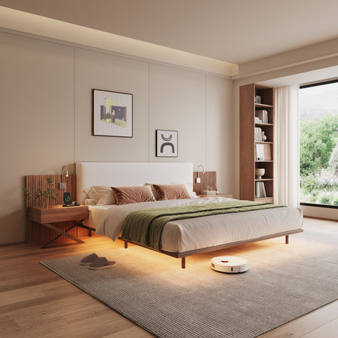 Floating King Size Bed With Integrated Side Tables And Smart Lighting - Beige Gray / White