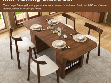 Dining Set With 4 Chairs, Table With Drawers & Open Shelf - Walnut