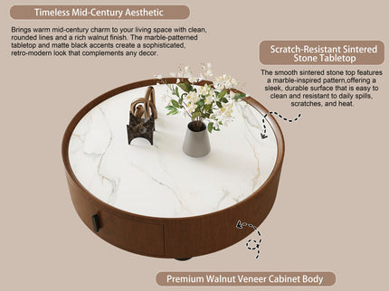 Round Coffee Table With Ball Feet, Pull Handle Storage Drawer - Bouguer Walnut / Brown