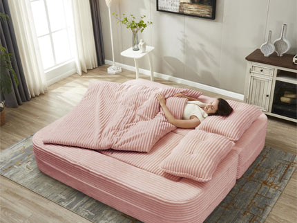 Multi Functional Sectional Sofa Bed With Independent Chaise Lounge And Functional Blanket, Convertible King Size Bed, Deep Seat - Baby Pink