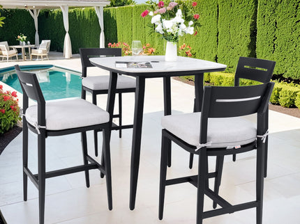 Modern Outdoor Patio Bar Set, Rounded Square Table & Bar Chairs, Non Rust Frame, Tapered Legs, Sunbrella Cushion