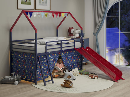 Jack - House Loft Bed With Slide And Curtain Set