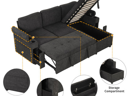 Convertible L Shaped Sofa Couch With Storage, Cup Holders, USB Ports