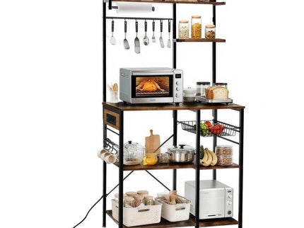 Bakers Rack With Power Outlet, Coffee Bar With S-Shaped Hooks, Kitchen Shelf With Wire Basket - Black / Brown