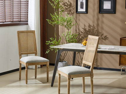 French Country Dining Chair With Rectangular Cane Backrest And Smooth Upholstered Seating