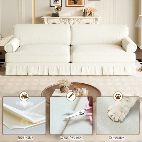 Luxuriously Comfortable Cloud Couch With Elegant Rolled Arms & Pleated Skirt Design