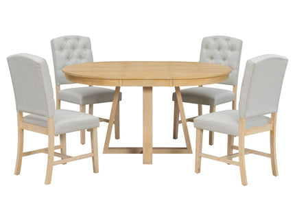 Dining Set With Leaf Round Table And 4 Upholstered Chairs
