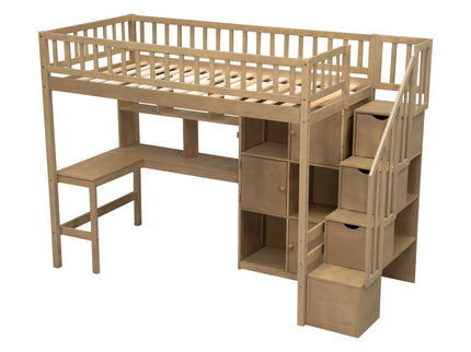 Loft Bed With Built In L Shaped Desk, LED Lights, Storage Shelves, Cabinets, And Staircase