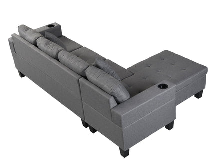 Modern Sectional Sofa Set With L Shape Chaise Lounge, Cup Holder, 4 Seat - Gray