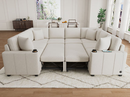 Modern U-Shaped Sectional Sofa Convertible Pull-Out Sofa Bed With USB Ports And Cup Holders