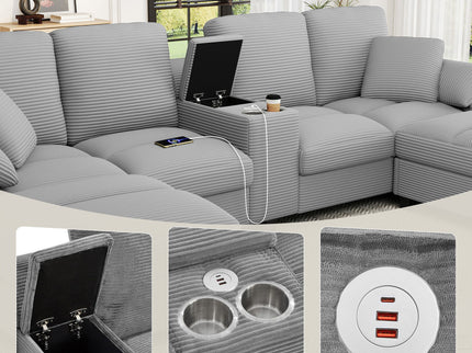 Modern U - Shaped Sectional Sofa With Storage Ottomans, USB Ports, And Cup Holders