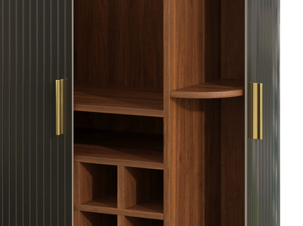 Fluted Wine Bar Cabinet With 8 Grid Wine Rack, 5 Level Adjustable Shelves, 2 Glass Holders