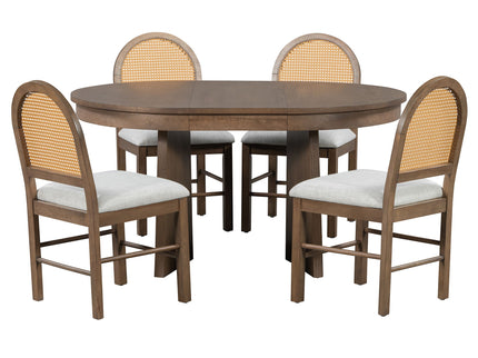 Extendable Round Dining Table Set For 4 With 4 Upholstered Chairs - Beige / Walnut