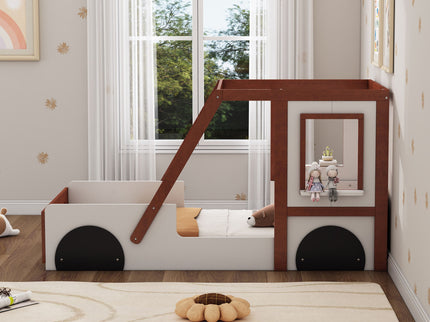 Fun Play Design Twin Size Car Bed, Kids Platform Bed In Car Shaped For Kids Boys Girls Teens - White / Orange