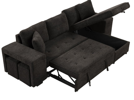 Modern L-Shape 3 Seat Reversible Sectional Couch, Pull Out Sleeper Sofa With Storage Chaise And 2 Stools For Living Room Furniture Set