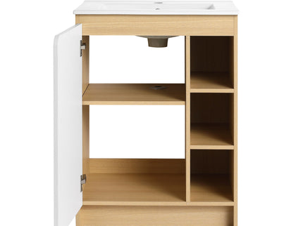 Freestanding Bathroom Vanity With Thin Rim Sink, Single Door With 4 Tier Open Shelves - Light Oak / White