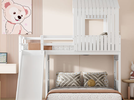 Loft Bunk Bed With Playhouse, Farmhouse, Ladder, Slide And Guardrails