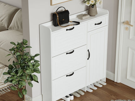 Shoe Cabinet With 4 Doors 1 Drawers, PVC Door With Shape, Large Space For Storage - White