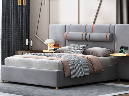 Upholstered Platform Bed, 2 Outlets And USB Charging Ports On Both Sides, 2 Bedside Pillows, Storage Shelves