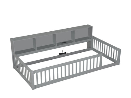 Twin Long Floor Bed With Storage Cabinets And USB Ports - Gray