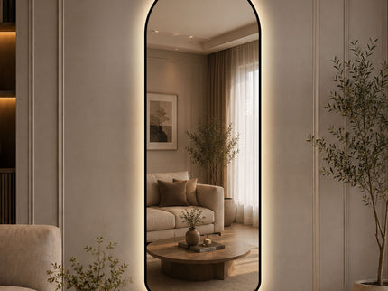 65" X 24" Arched LED Full Length Mirror With Frame, 3 Color Temperatures & Stepless Dimming - Black