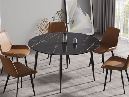 Modern Artificial Stone Round Dining Table With Metal Legs, Can Accommodate 6 People - Black