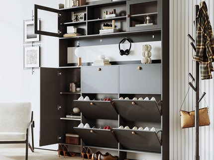 On Trend Multifunctional Tipping Bucket Shoe Cabinet With Storage Shelf & 6 Flip Drawers