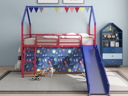 Jack - House Loft Bed With Slide And Curtain Set