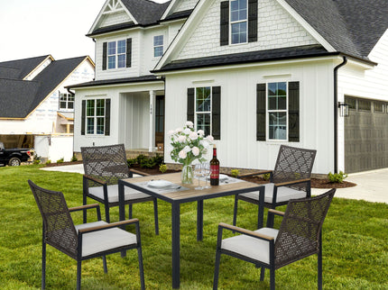 5 Piece Patio Dining Table Set, Acacia Wood Table Top With Umbrella Hole