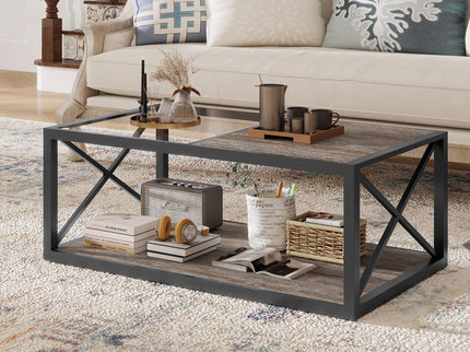 Industrial Style Coffee Table For Bedroom & Living Room With Tempered Glass & Wood Grain - Wood