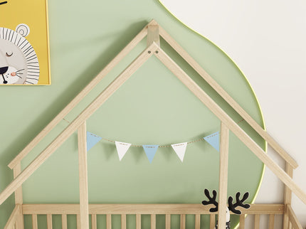 Wood House-Shaped Floor Bed With Fence, Guardrails