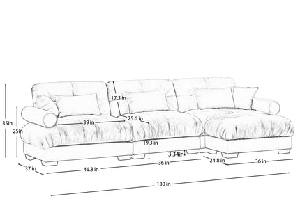 Modern Sectional Sofa With Ottoman, Round Bolster Armrests, Waist And Throw Pillows