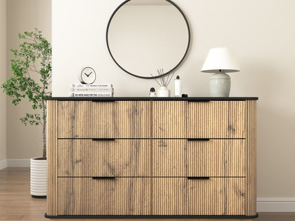 Modern 6 Drawer Cabinet With Metal Rounded Corners And Exquisite Handles Multi Functional Storage - Natural Wood