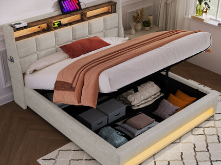 Platform Bed With Hydraulic Storage, LED Lighting & Charging Station