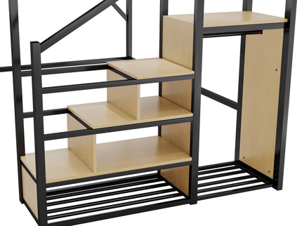 Queen Size Loft Bed & Stairs, Storage Shelves, Wardrobe - Black / Wood