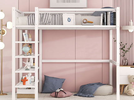 Loft Bed With 4 Tier Shelves And Storage