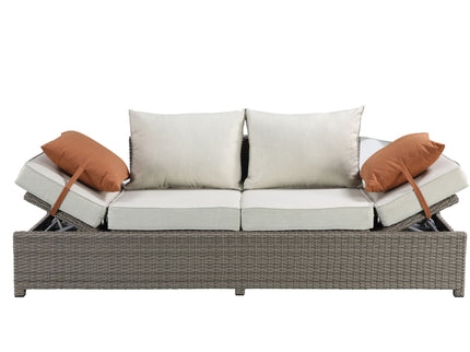Salena - All Weather Wicker Patio Sofa & Ottoman With 2 Toss Pillows - Beige / Gray