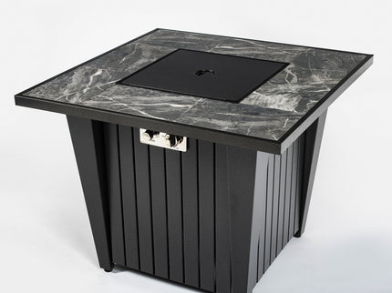 Morden Steel Fire Pit Table With Marble Tile Tabletop, Glass Wind Guard And Lid