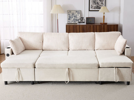 Sectional Sofa Bed With Pull Out Sleeper, USB Ports, Cup Holders