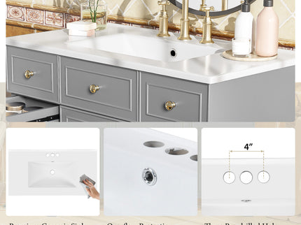 Bathroom Vanity With Ceramic Sink, Soft Close Doors, Adjustable Shelves