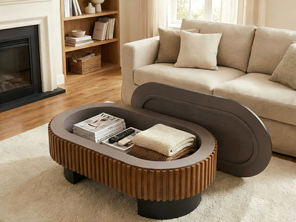 Elliptical Living Room Coffee Table With Hidden Storage And Removable Tabletop