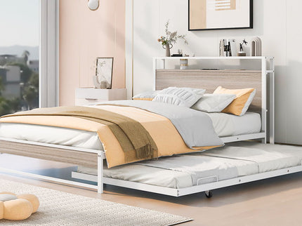 Platform Bed Frame With Trundle, USB Ports And Slat Support, No Box Spring Needed
