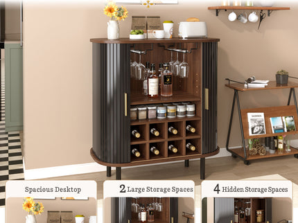 Fluted Wine Bar Cabinet With 8 Grid Wine Rack, 5 Level Adjustable Shelves, 2 Glass Holders