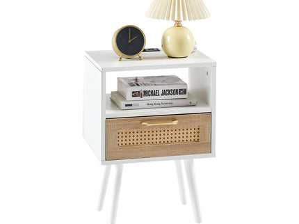 15.75" Rattan End Table With Power Outlet & USB Ports, Modern Nightstand With Drawer And Solid Wood Legs, Side Table For Living Room, Bedroom