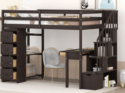 Loft Bed With Storage Drawers, Desk And Stairs With Shelves