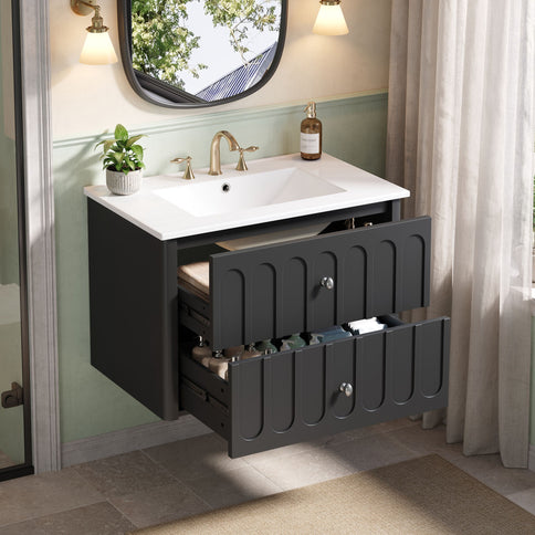 Floating Bathroom Vanity With Oval Knobs & Round Edge, Soft Close Drawer Slides