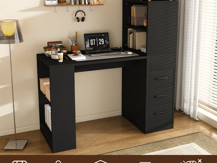 Computer Desk With 4 In 1 Socket & 3 Drawers, 4 Tier Shelves