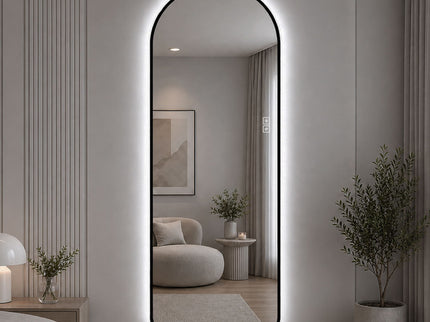 65" X 24" Arched LED Full Length Mirror With Frame, 3 Color Temperatures & Stepless Dimming - Black