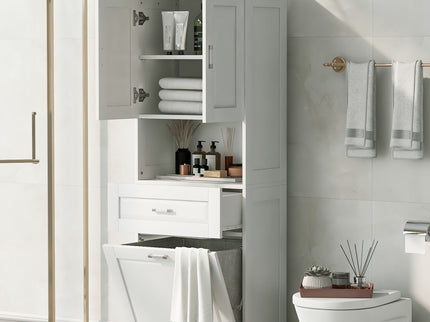 Tall Bathroom Cabinet With Tilt-Out Laundry Basket And Upper Storage