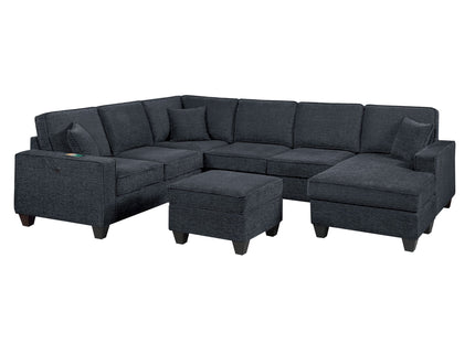5 Piece Sectional Set With USB Port Left Arm Loveseat Chaise Right Arm Loveseat Corner Wedge Armless Chair Ottoman Upholstered - Black / Slate